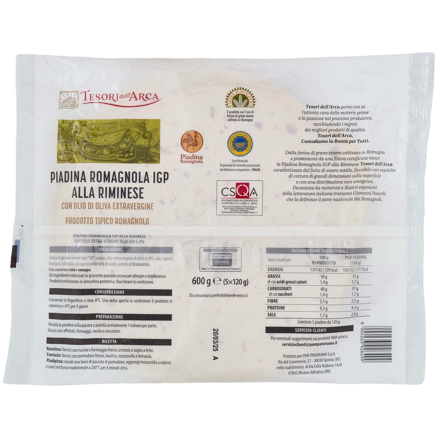 TESORI DELL'ARCA Piadina Romagnola IGP alla Riminese con Olio di Oliva Extravergine 5 x 120 g – immagine 4