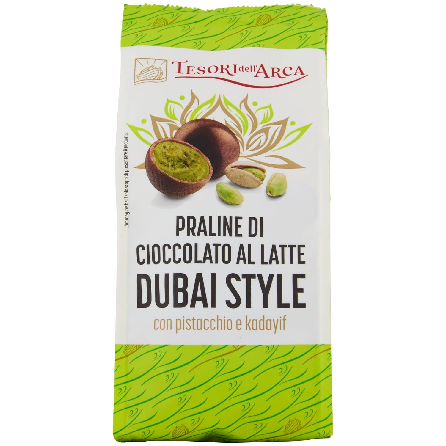 TESORI DELL'ARCA Praline di Cioccolato al Latte Dubai Style con pistacchio e cadyif 150 g – immagine 2