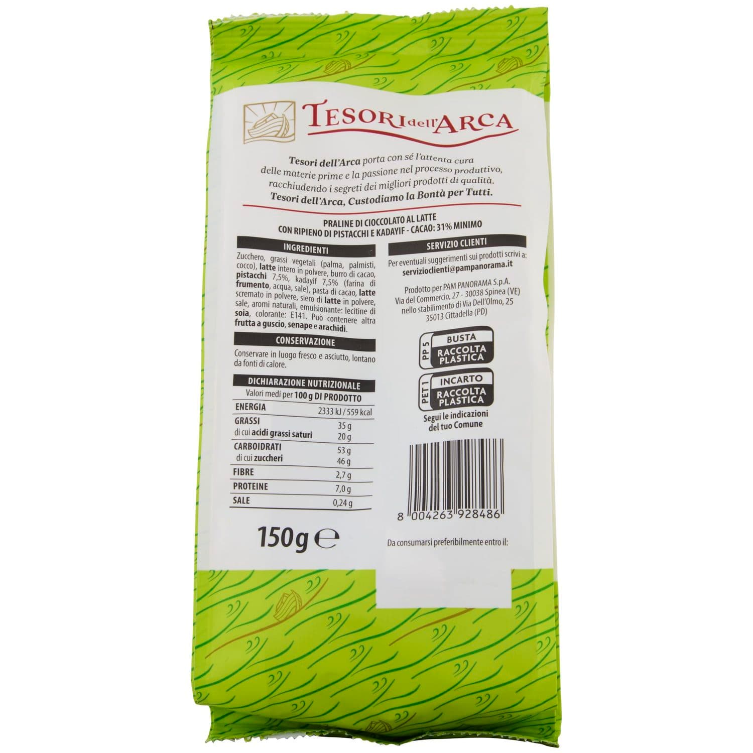 TESORI DELL'ARCA Praline di Cioccolato al Latte Dubai Style con pistacchio e cadyif 150 g – immagine 4