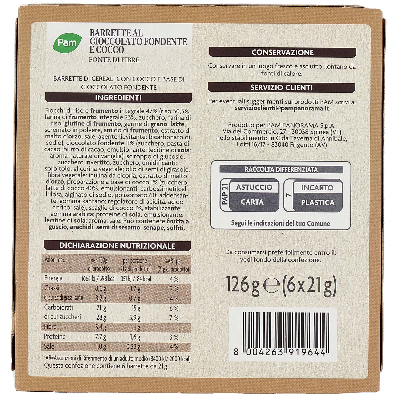 PAM Barrette al Cioccolato Fondente e Cocco 6 x 21 g – immagine 4