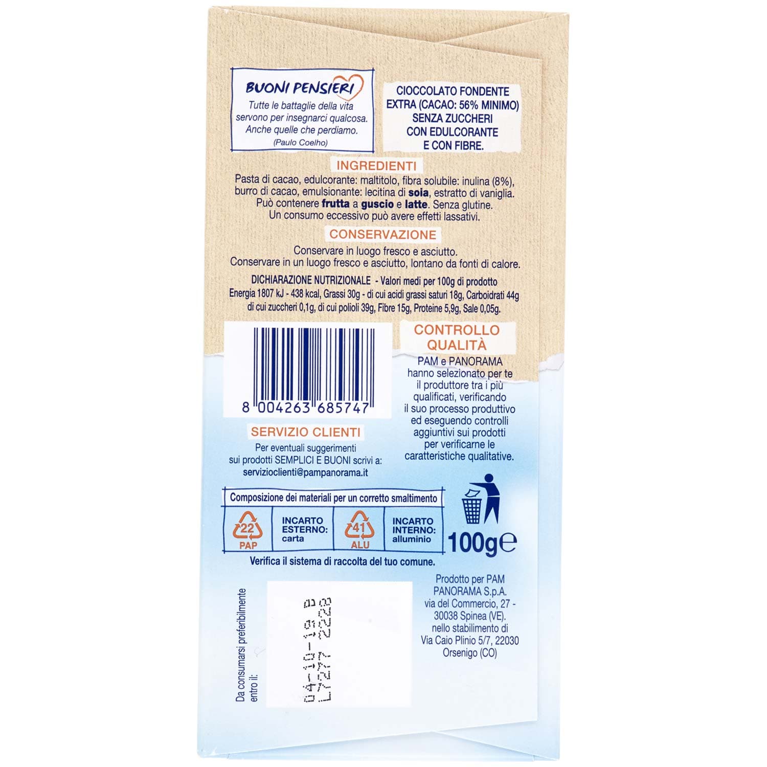 SEMPLICI E BUONI Senza Zuccheri Cioccolato Fondente Extra 100 g – immagine 4