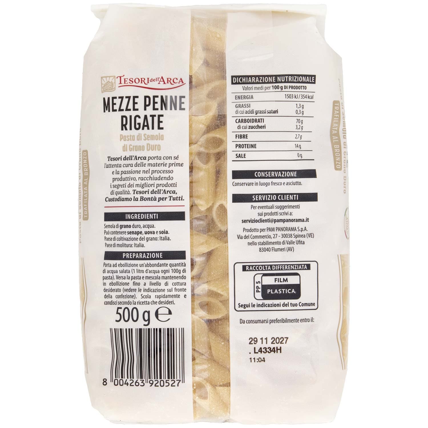TESORI DELL'ARCA Pasta di Semola di Grano Duro Mezze Penne Rigate 500 g – immagine 4