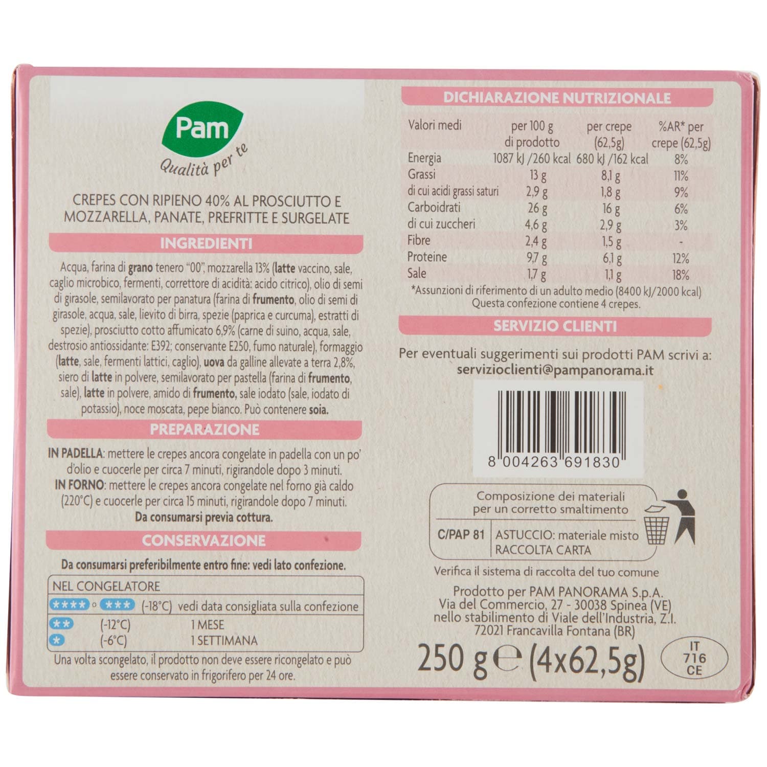 PAM Qualità per te Prosciutto Cotto e Mozzarella 4 crepes surgelate 4 x 62,5 g – immagine 4