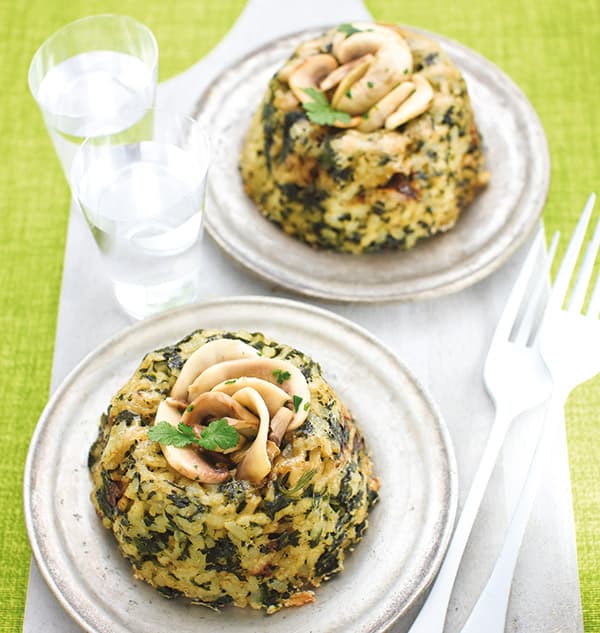 Timballi di riso con spinaci e funghi