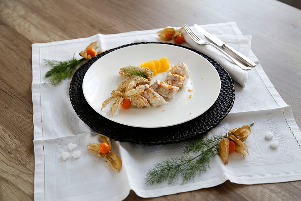 Trancetti di rana pescatrice in crosta di riso soffiato